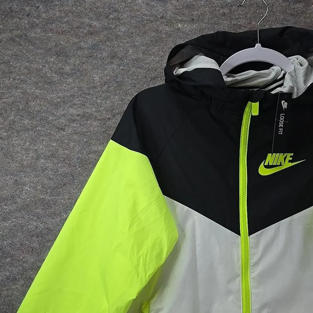Nike AmJacket Boys Full Zip Windbreaker Hooded Kids- BLACK/WHITE/VOLT Sz L NWT